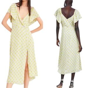NEW Zara Silver Gray & Yellow Polka Dot Chiffon Ruffle Sleeve Midi Dress - XS